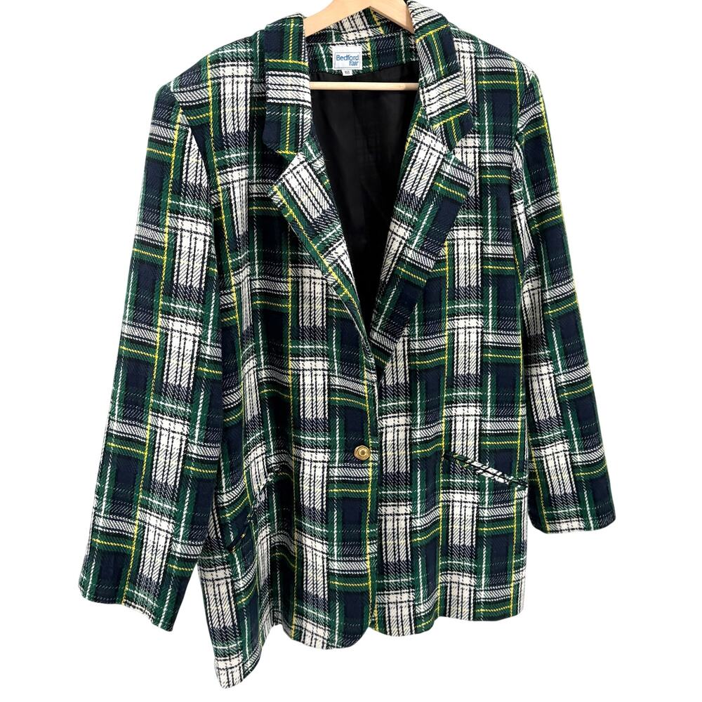 Vintage 80s Bedford Fair Blue Green Tartan Plaid Oversized Blazer Jacket